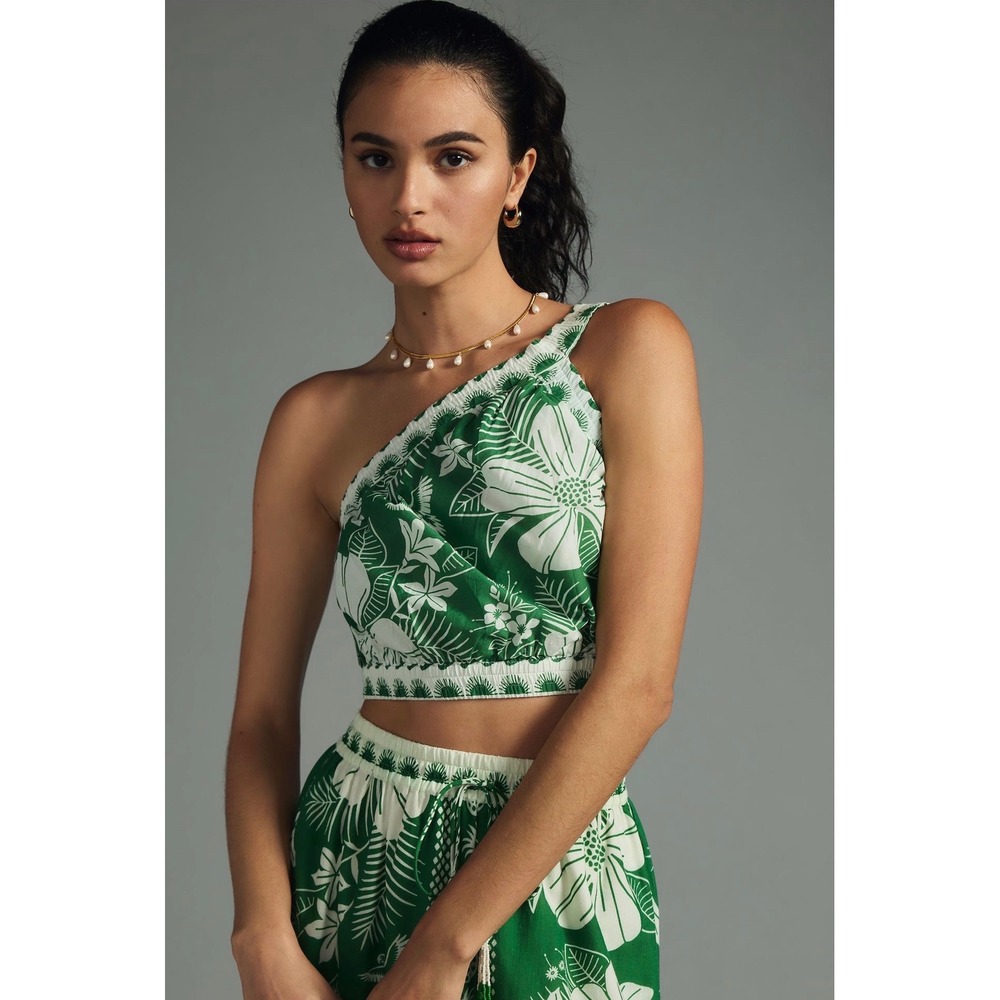 NWT Farm Rio Macaw Elegance Off-White Crop Top in Green Print Size Small